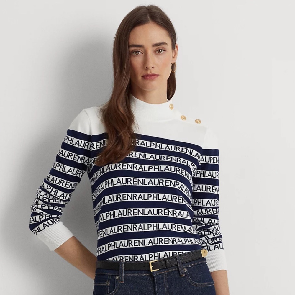 Lauren Ralph Lauren Striped Cotton-Blend Mockneck Sweater navy brass buttons